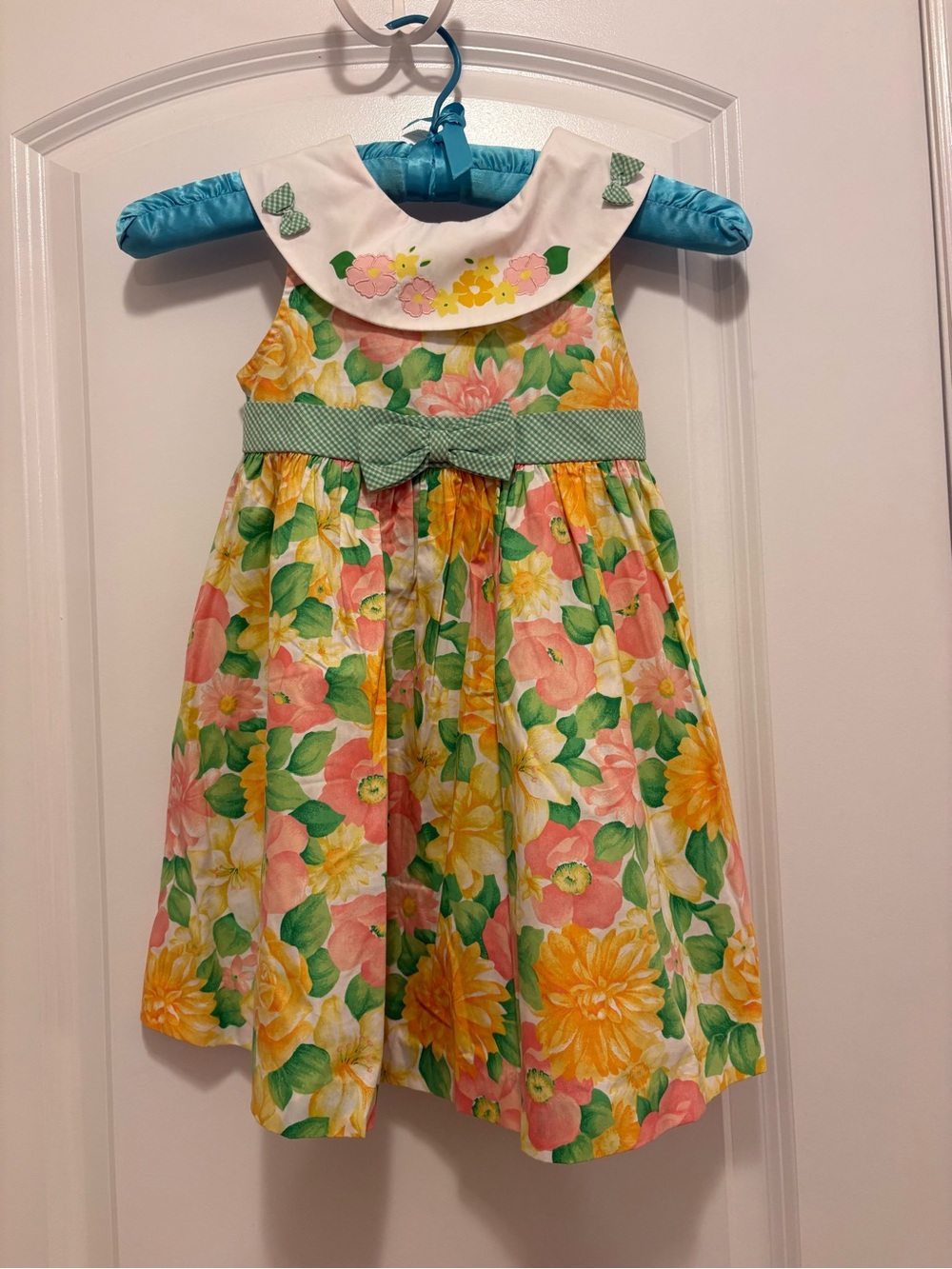 Girls Floral Party Dress with Embroidered Peter Pan Collar - Yellow & Pink